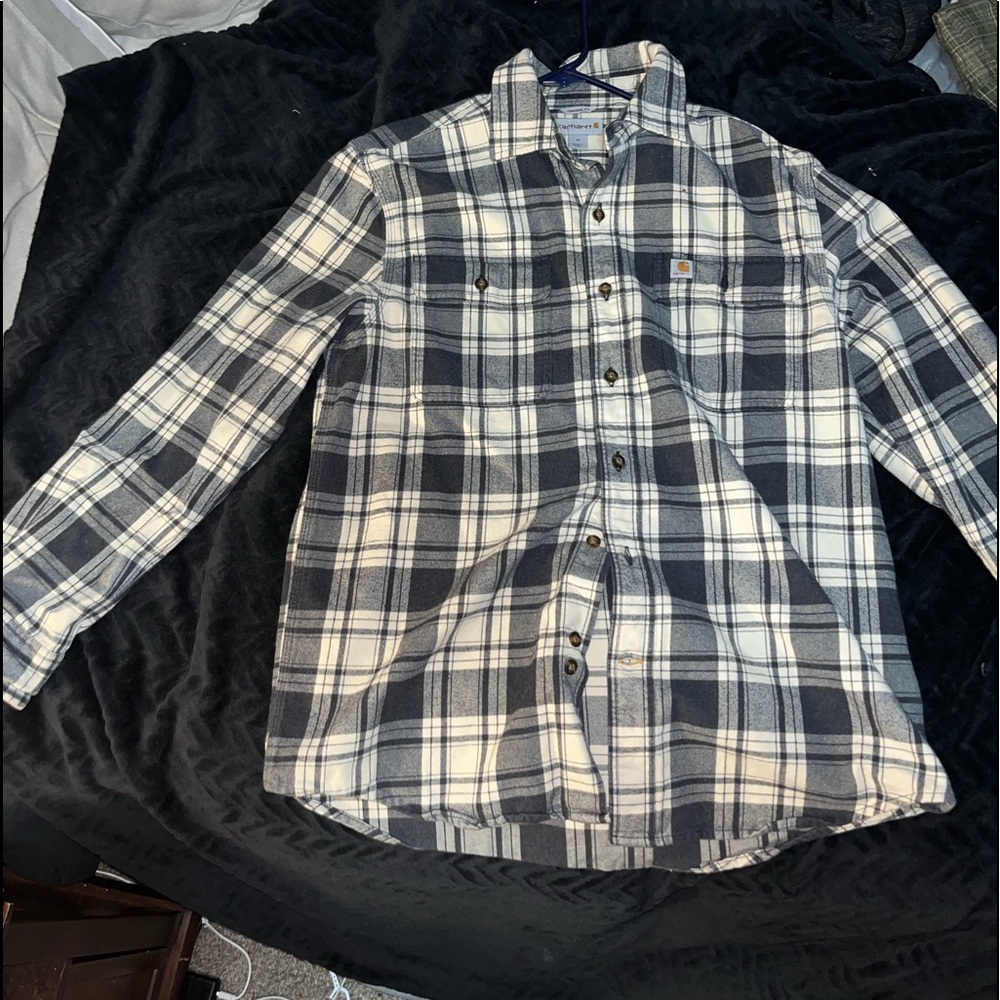 Carrhart button up flannel white on blues stripes